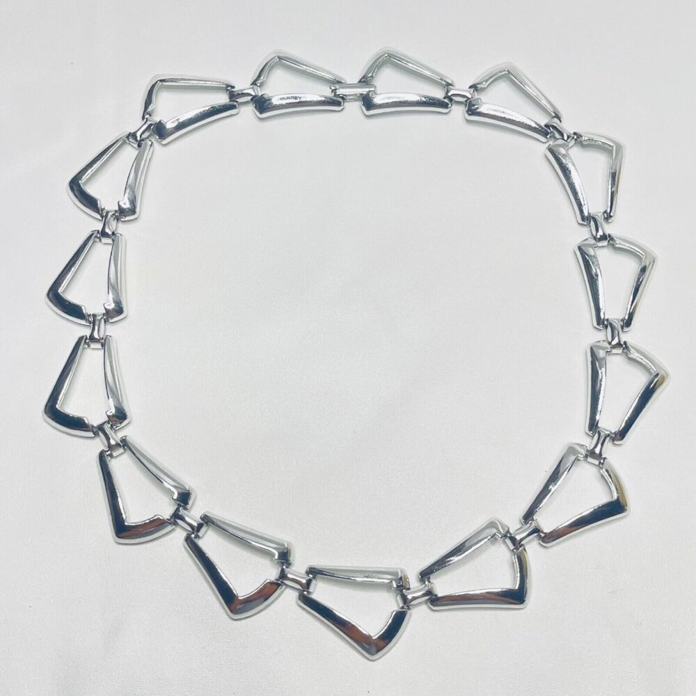 Silver Tone Choker Chain Necklace Open Work Shapes